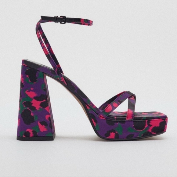 Zara Shoes - Zara Purple Floral Platform Block Heels with Pink and Green Accents